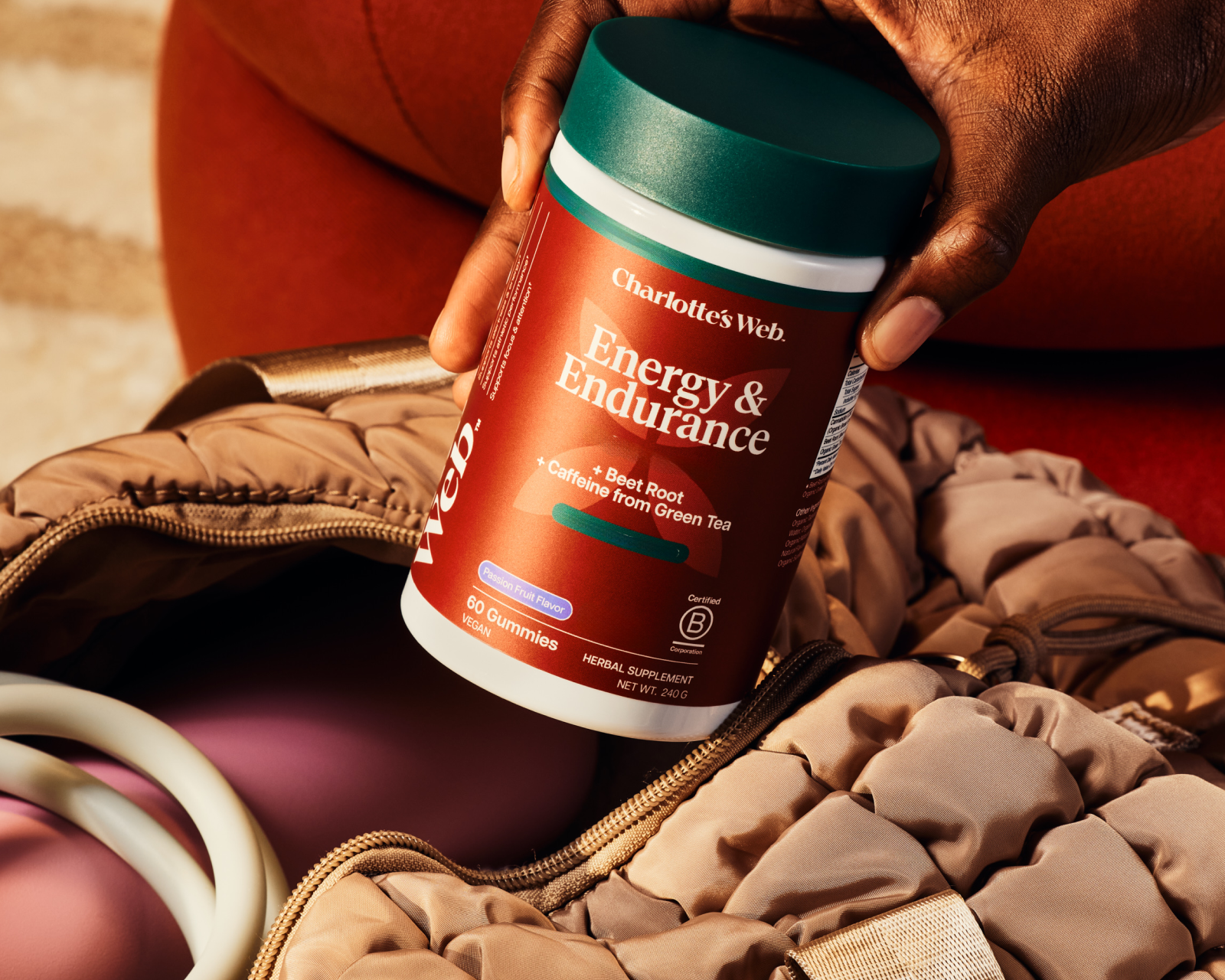 Energy & Endurance gummies in a gym bag