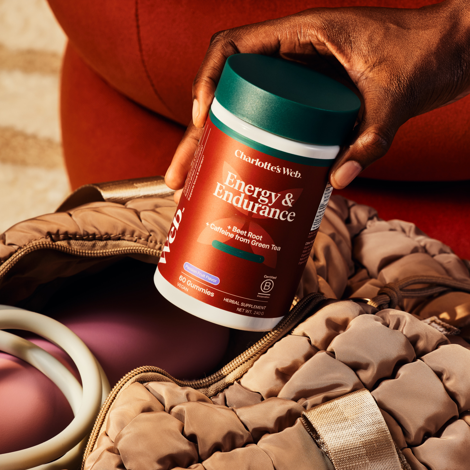 Energy & Endurance gummies in a gym bag