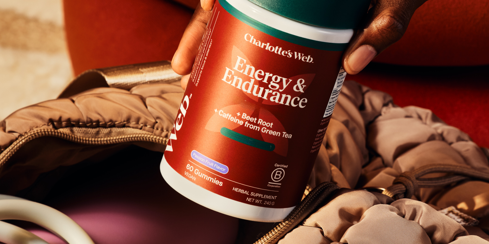 Energy & Endurance gummies in a gym bag