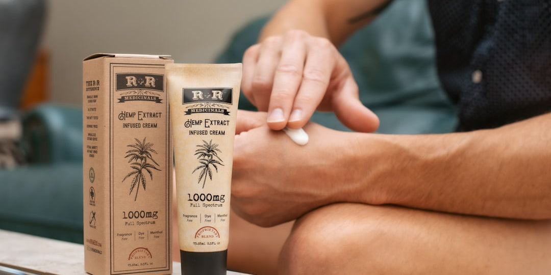 Person applying hemp extract cream to hand