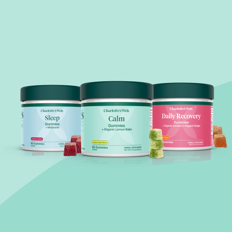 Three jars of Charlotte's Web broad-spectrum hemp gummies labeled Sleep, Calm, and Daily Recovery arranged side by side on a mint green background with small gummy placed in front of each jar.