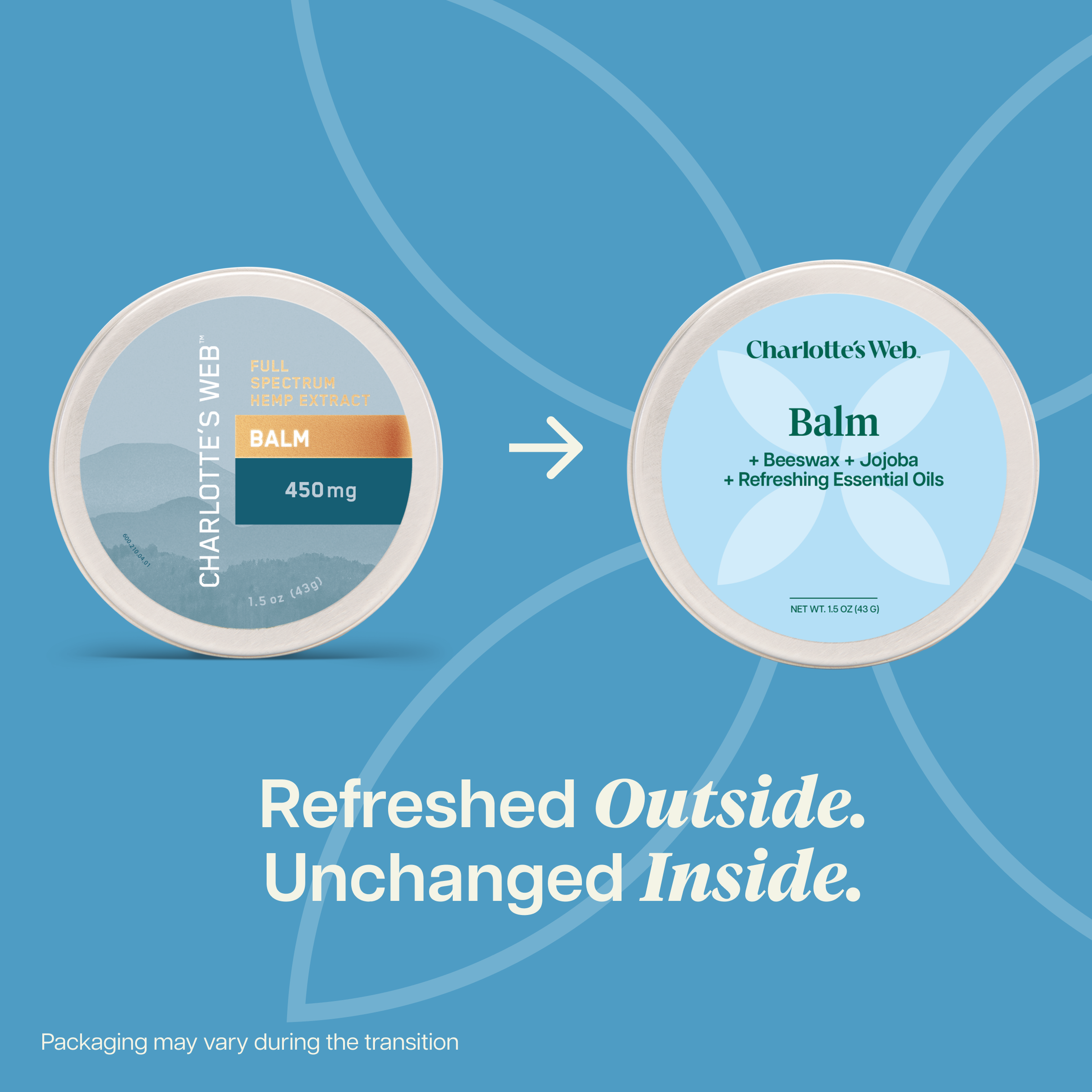 Two containers of Charlotte's Web Balm on a blue background with text 'Refreshed Outside. Unchanged Inside.'