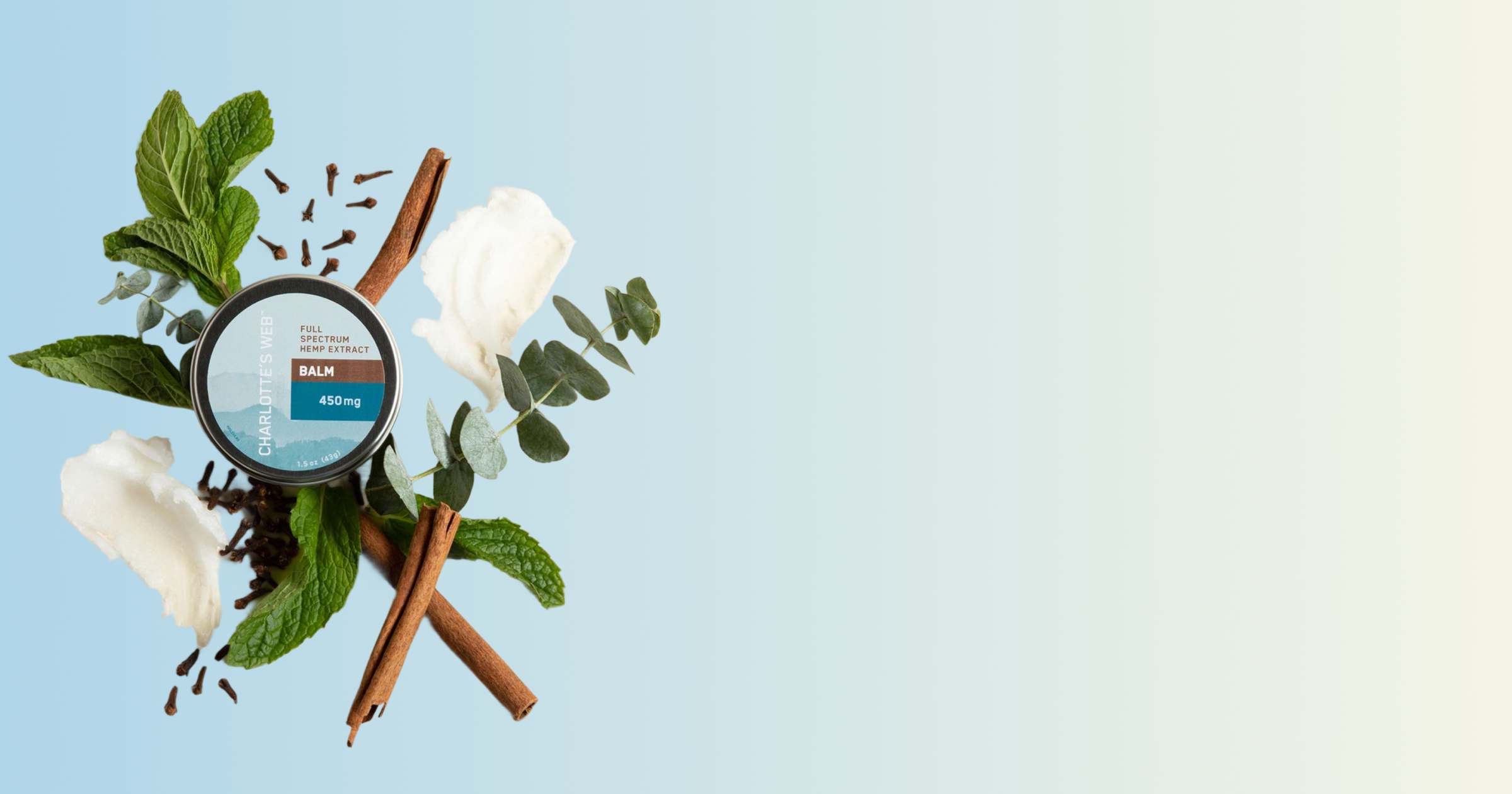 Balm container with leaves and cinnamon sticks on a light blue background