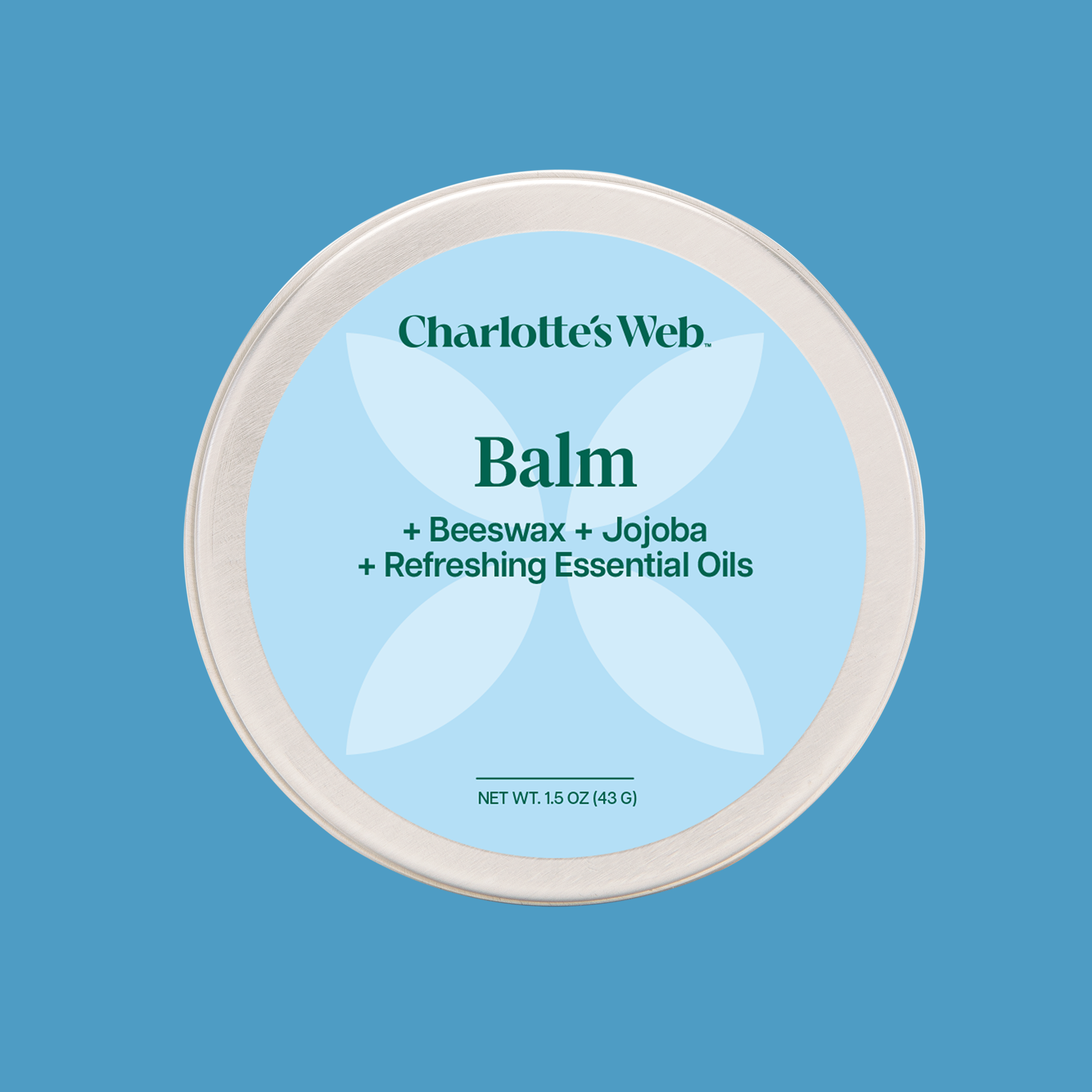 Product Image for Charlotte's Web Balm container and packaging on a blue background