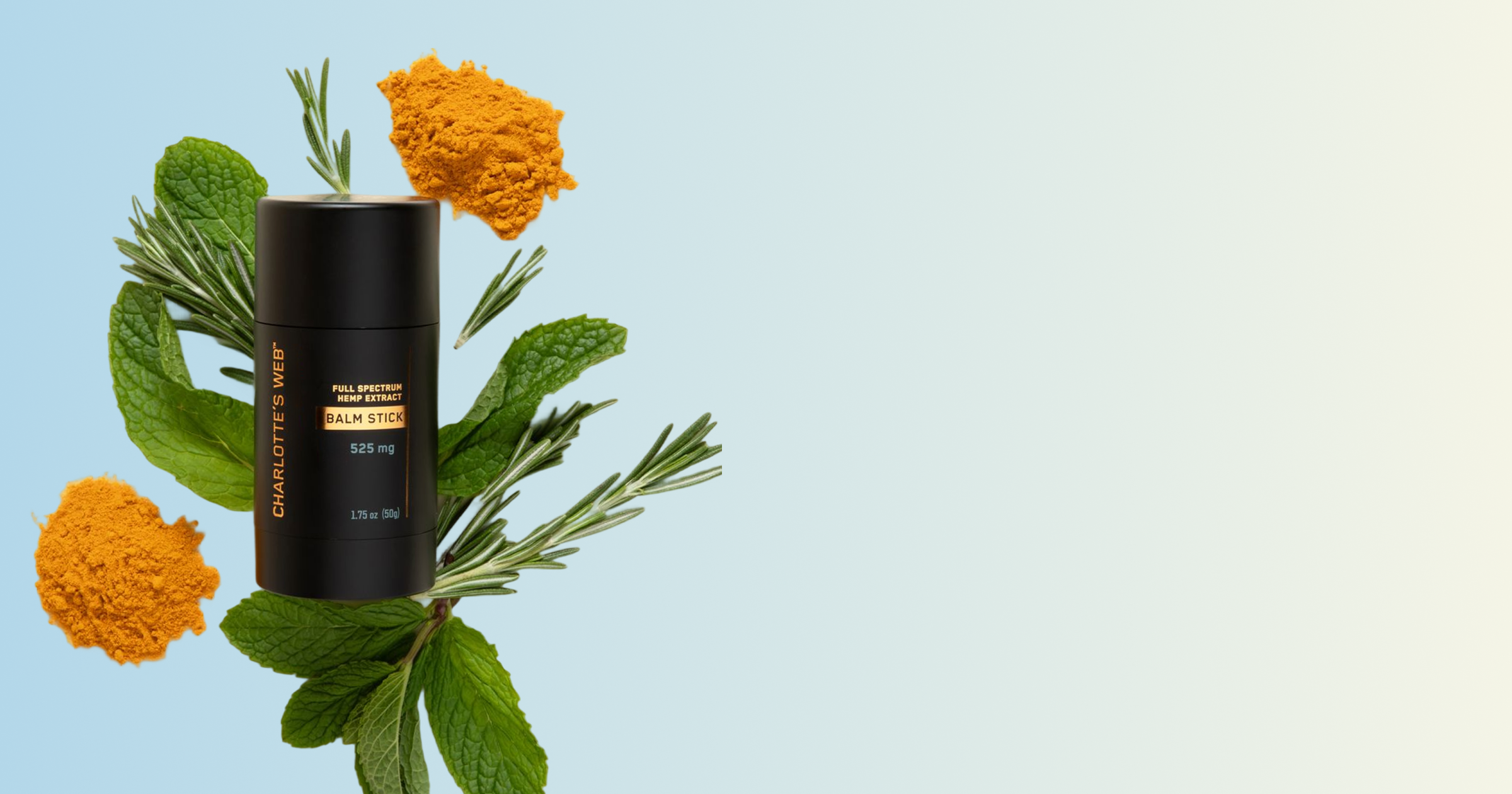 Black cylindrical container with gold text on a light blue background with green leaves and orange flowers.