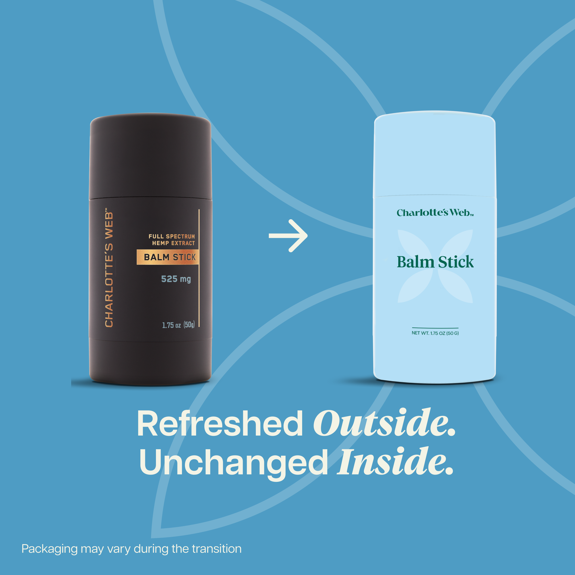 Two tubes of Charlotte's Web Balm Stick on a blue background with text 'Refreshed Outside. Unchanged Inside.'