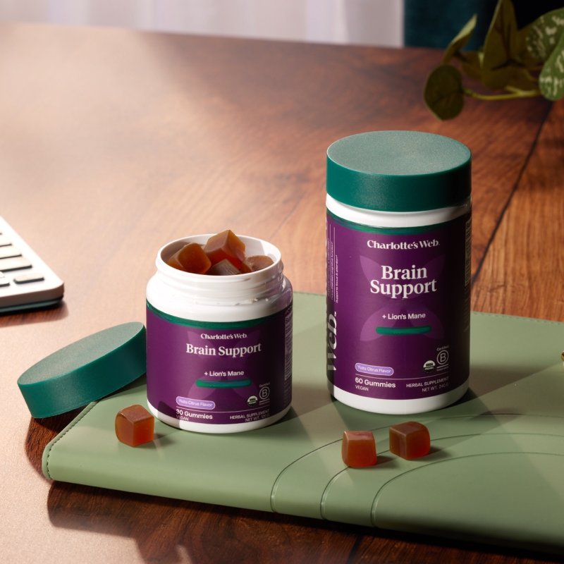Two containers of Charlotte's Web Brain Support on a wooden surface with gummy bears.