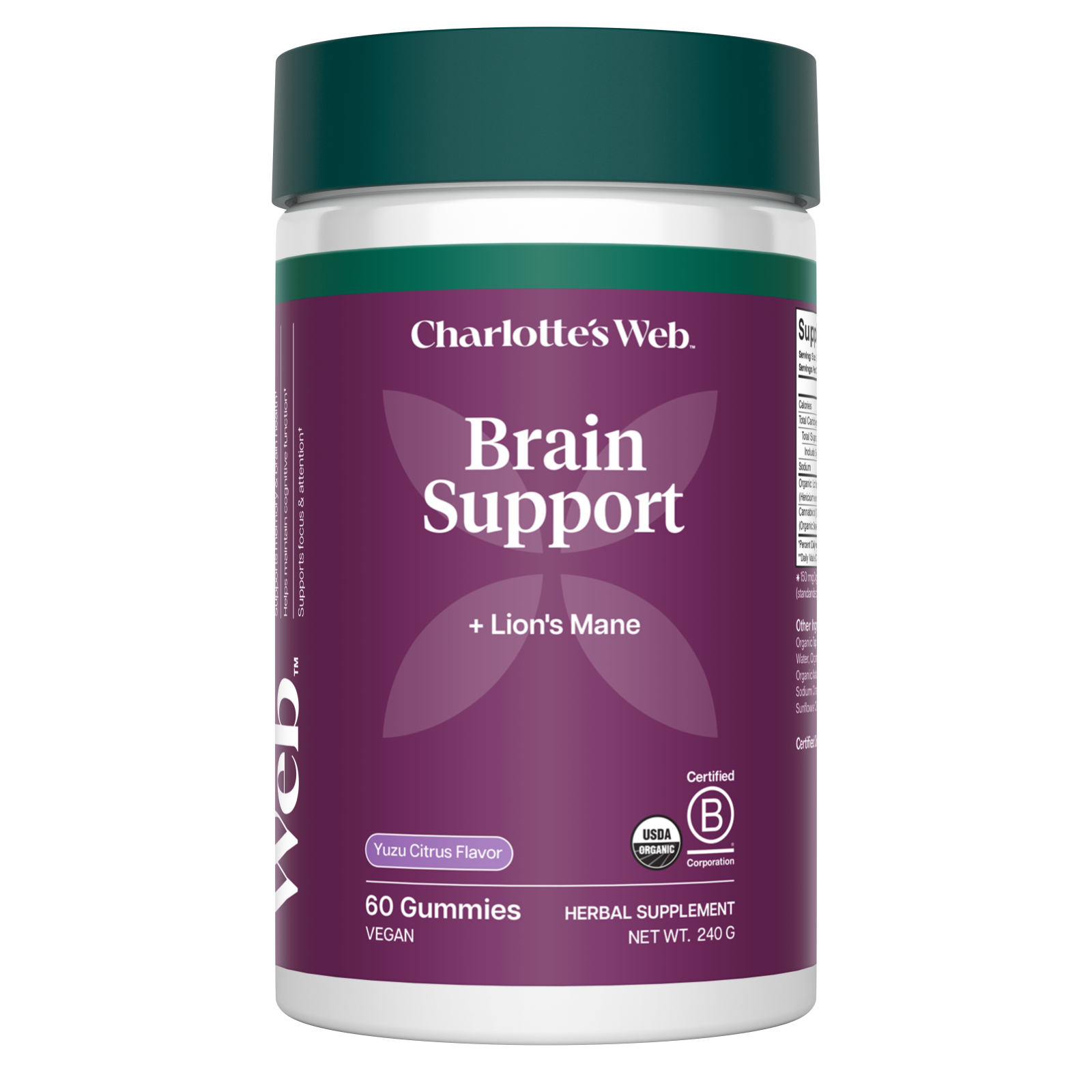 Charlotte&#39;s Web Brain Support gummy supplement container on a white background