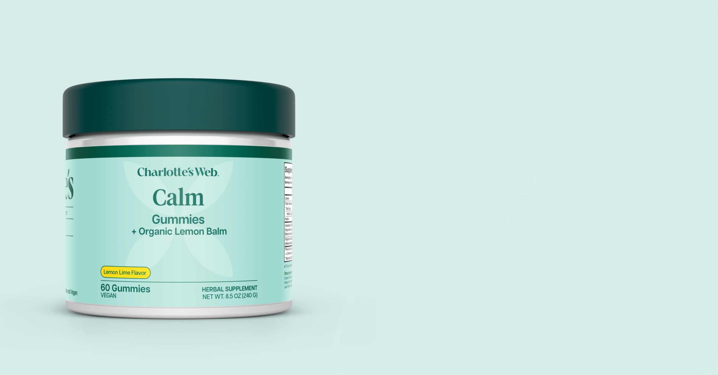 Charlotte's Web Calm Gummies + Organic Lemon Balm herbal supplement jar on a light mint green background.