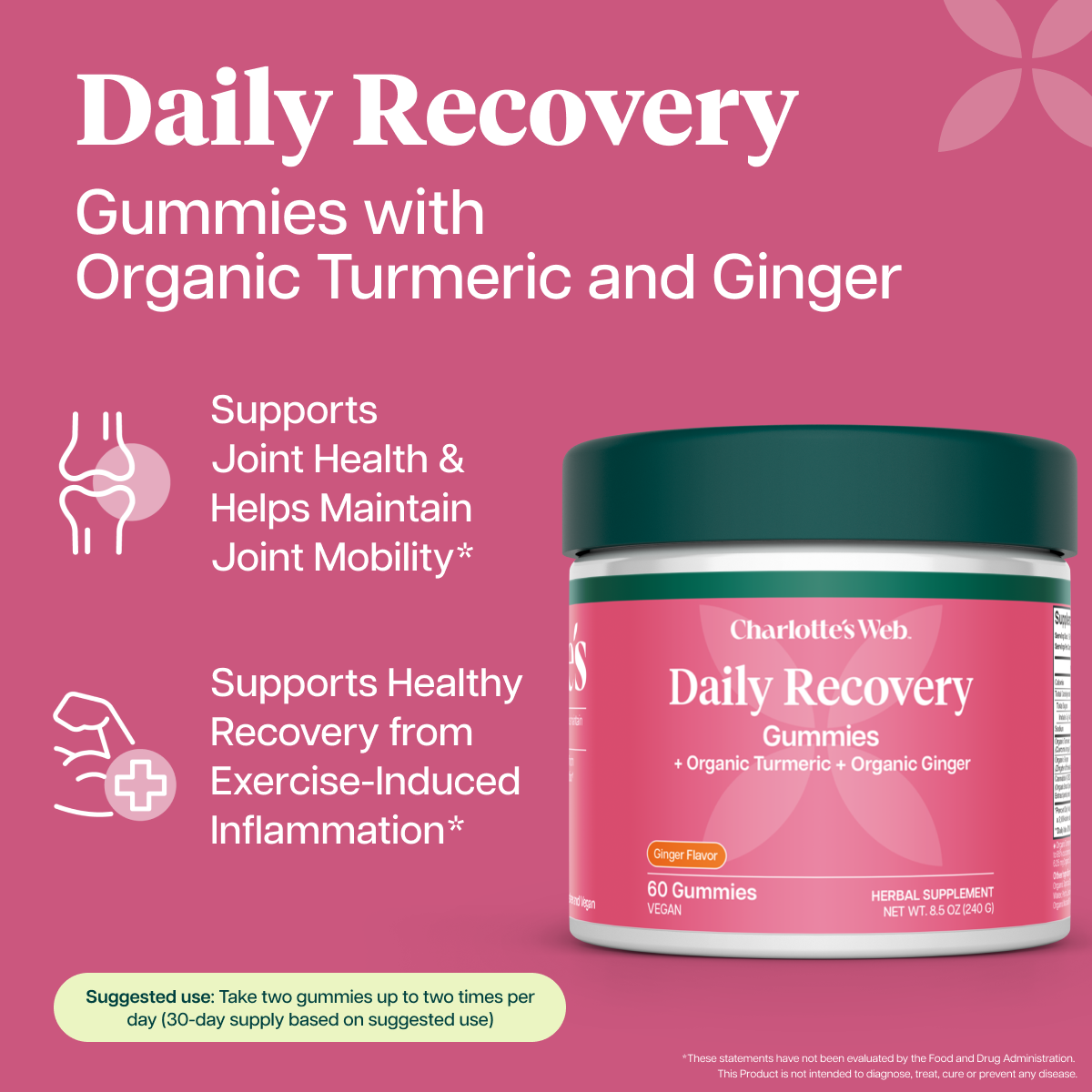 Charlotte's Web Daily Recovery Gummies in a 60-count tub, featuring a dark green lid and a pink label with a ginger flower graphic. The product is displayed on a white background with promotional text highlighting its joint health and recovery benefits.