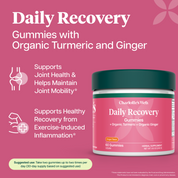 Product Image for Charlotte's Web Daily Recovery Gummies in a 60-count tub, featuring a dark green lid and a pink label with a ginger flower graphic. The product is displayed on a white background with promotional text highlighting its joint health and recovery benefits.