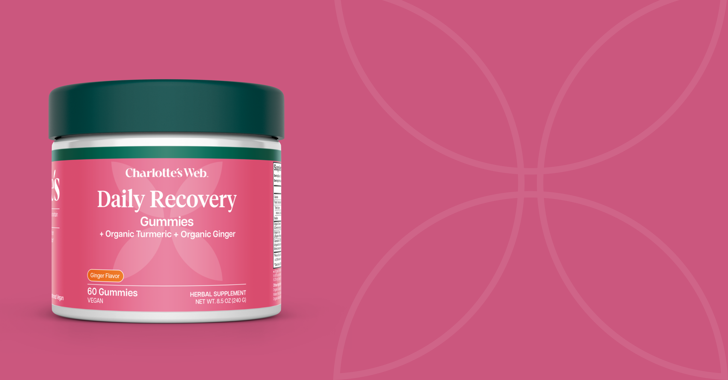 Charlotte's Web Daily Recovery Gummies jar on a pink background with a subtle circular pattern. The jar has a dark green lid and a pink label with white text.