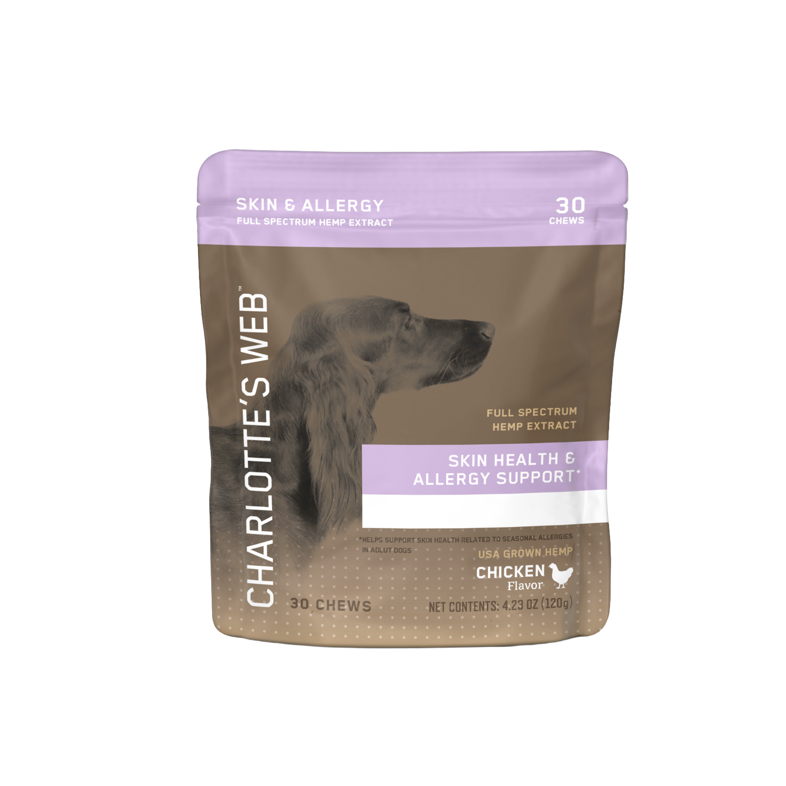 Product Image for Charlotte&#39;s Web pet supplement package for skin and allergy support on a white background