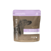 Product Image for Charlotte&#39;s Web pet supplement package for skin and allergy support on a white background