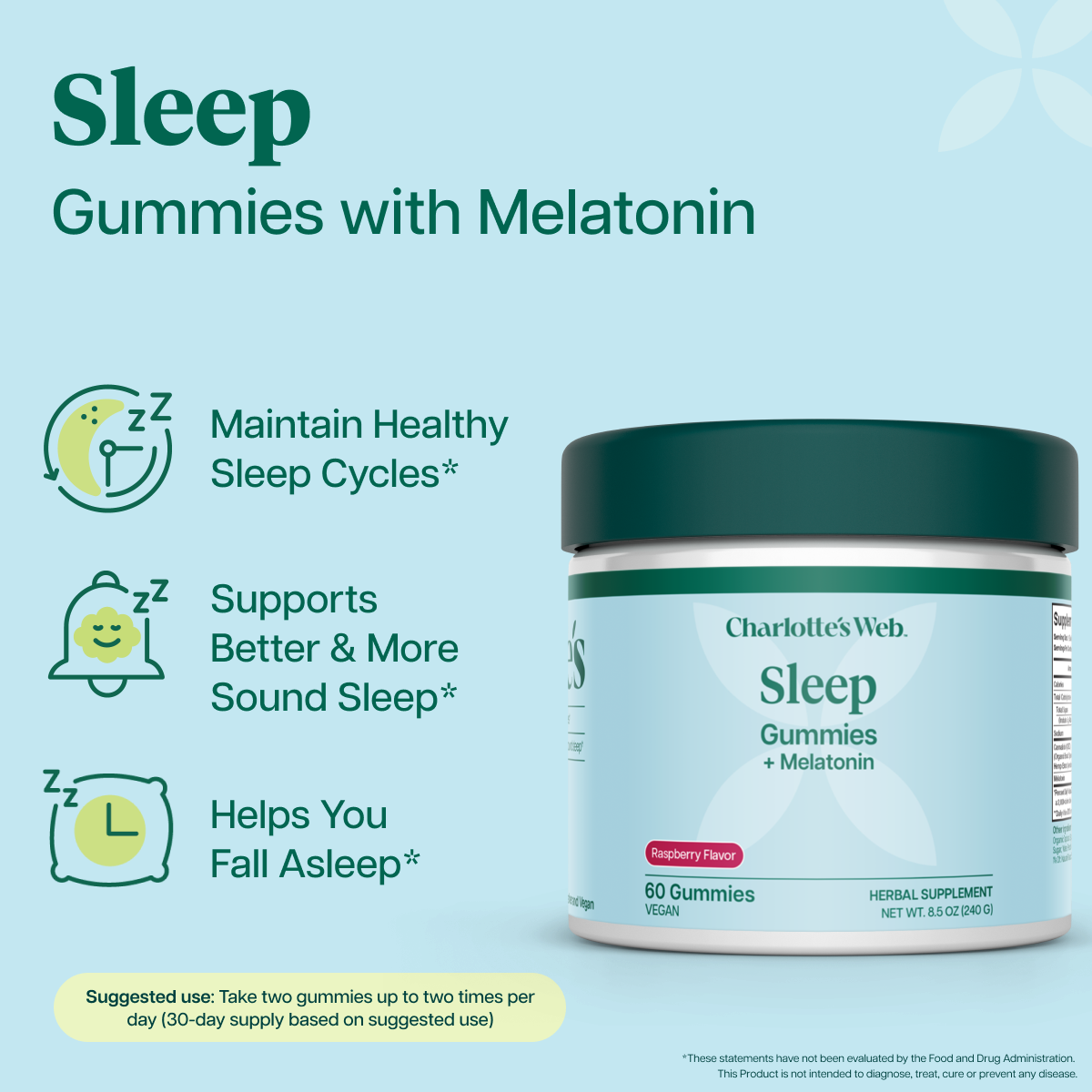 Charlotte's Web Sleep Gummies + Melatonin in a white jar with a dark green lid, set against a light blue background with product benefits and usage instructions.