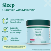 Product Image for Charlotte's Web Sleep Gummies + Melatonin in a white jar with a dark green lid, set against a light blue background with product benefits and usage instructions.