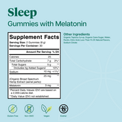 Product Image for A product information graphic for Sleep Gummies with Melatonin, featuring a Supplement Facts label, ingredient details, and certification logos on a light blue background.