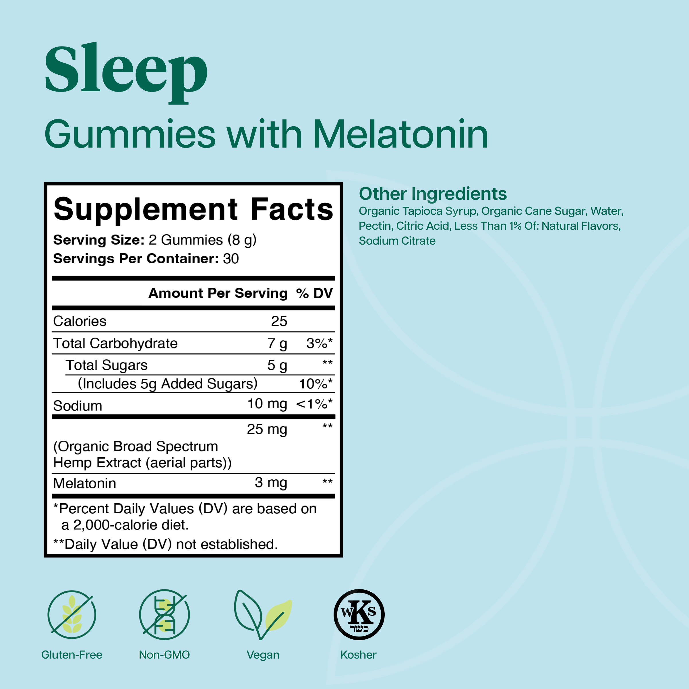 Product Image for A product information graphic for Sleep Gummies with Melatonin, featuring a Supplement Facts label, ingredient details, and certification logos on a light blue background.