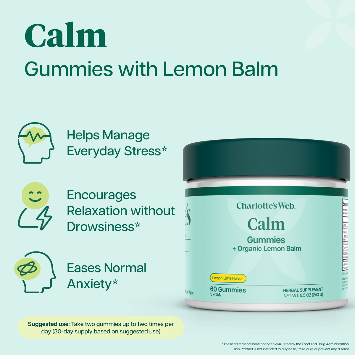 Calm gummies with lemon balm on light green background with green icons