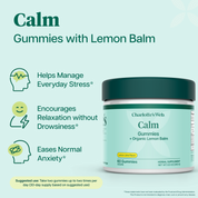 Product Image for Calm gummies with lemon balm on light green background with green icons