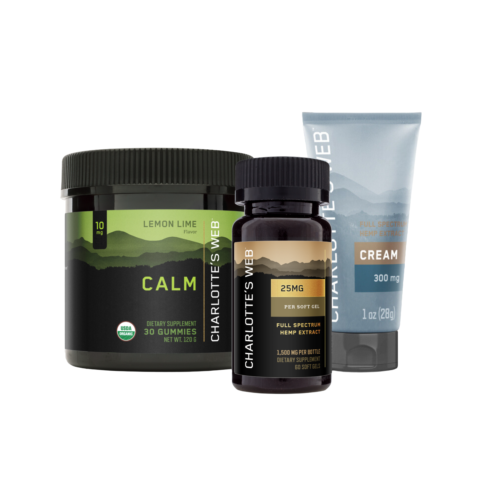 Product Image for Charlotte&#39;s Web product line including a jar, bottle, and tube on a white background