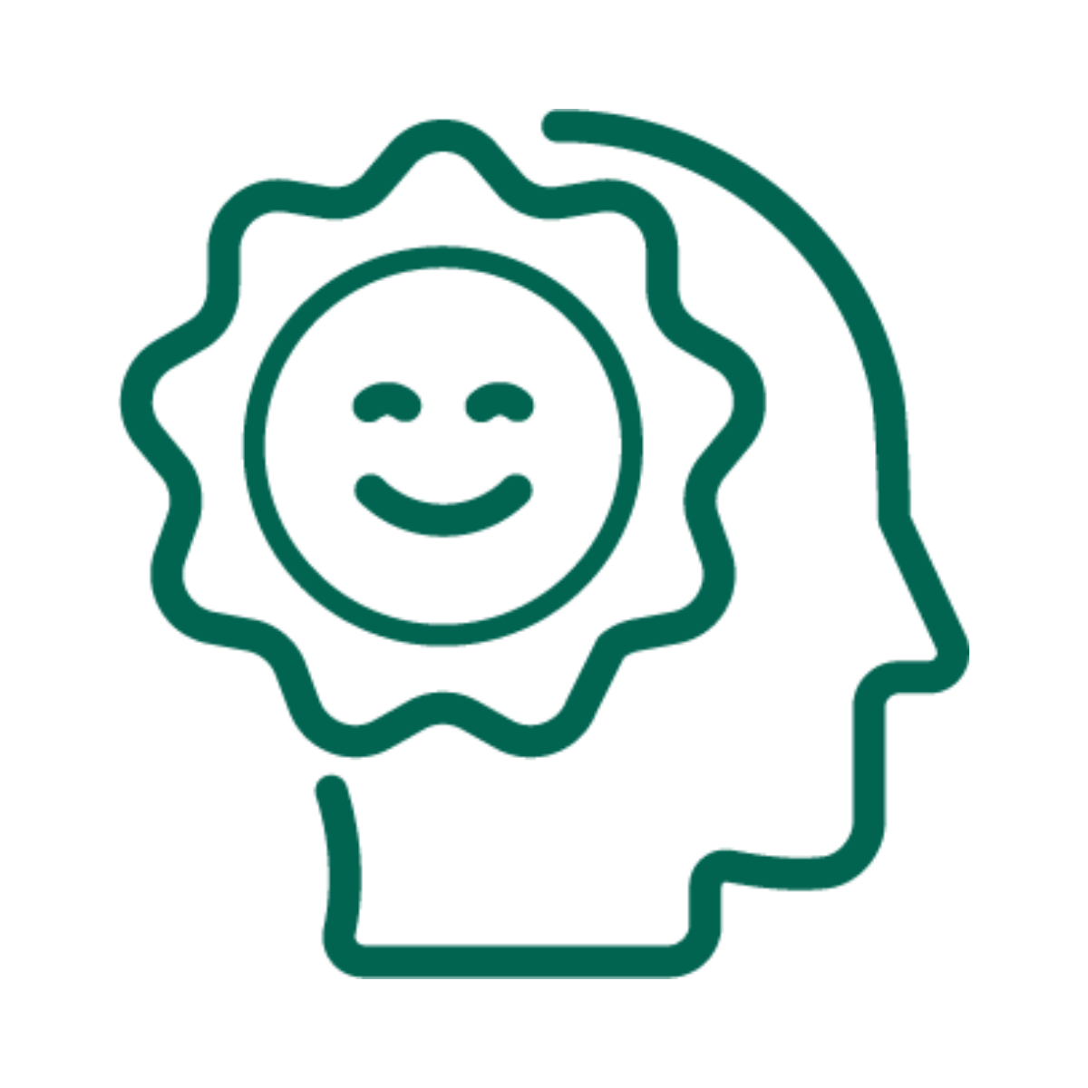 Green icon of a smiling face within a head outline on a white background