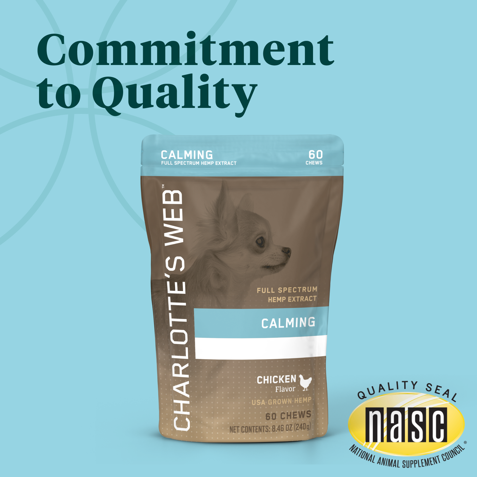 Product Image for Charlotte&#39;s Web dog supplement package with &#39;Commitment to Quality&#39; text on a blue background