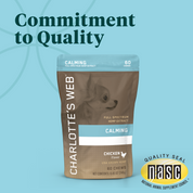 Product Image for Charlotte&#39;s Web dog supplement package with &#39;Commitment to Quality&#39; text on a blue background