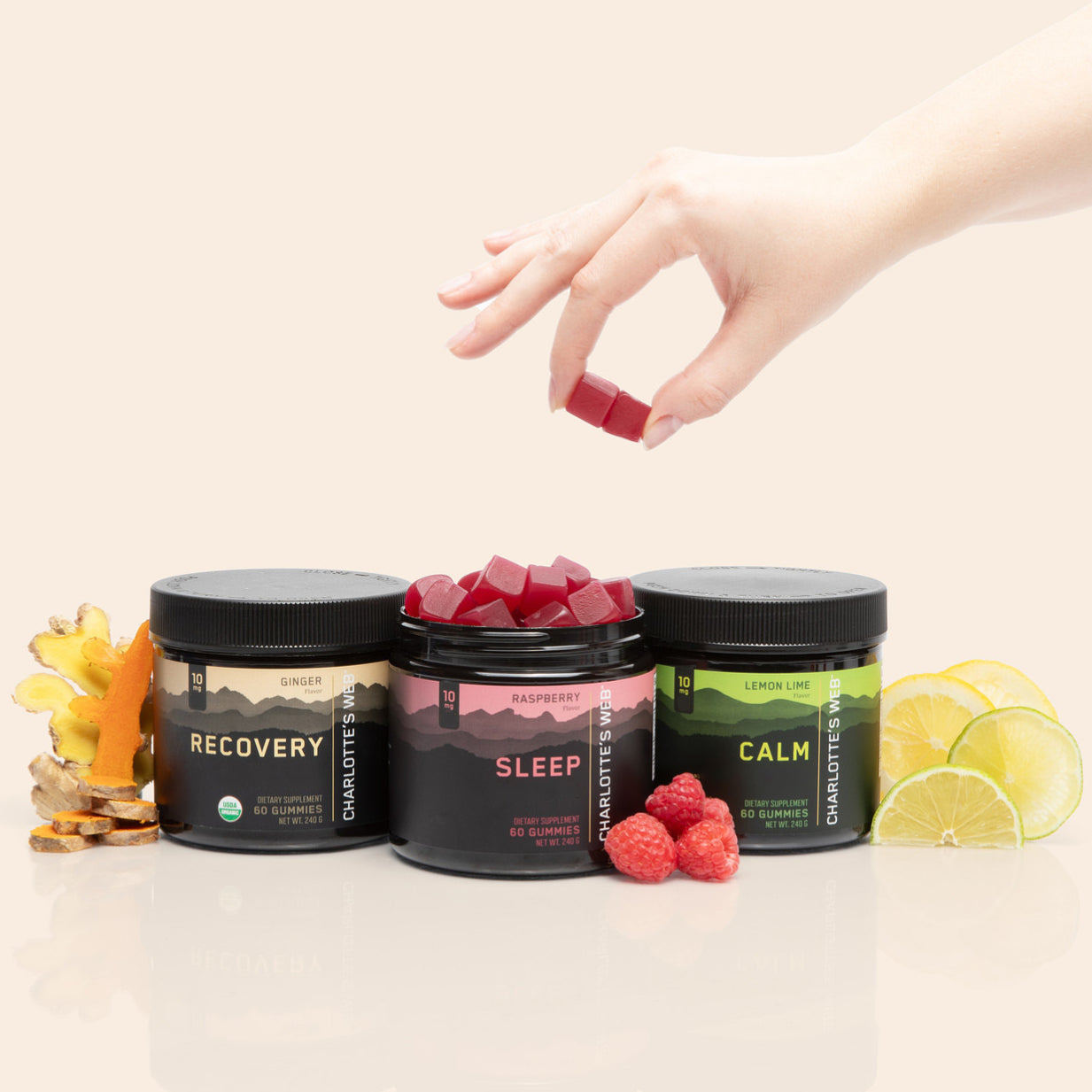 Three jars of CBD gummies Recovery, Sleep, and Calm styled with ginger, raspberries, and citrus, plus a hand holding red gummies above the Sleep jar.