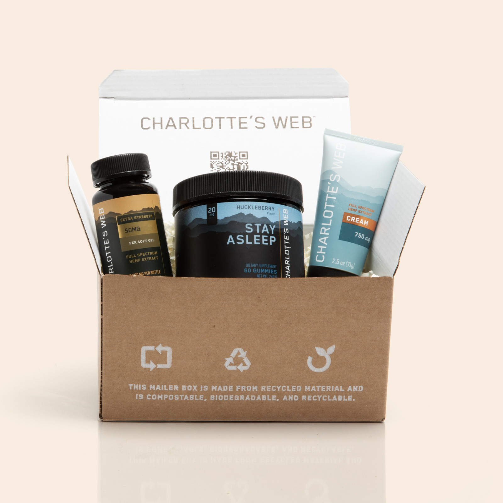 An open cardboard box containing various Charlotte's Web CBD products, including bottles of oil and salve, and a jar of gummies, on a white background.