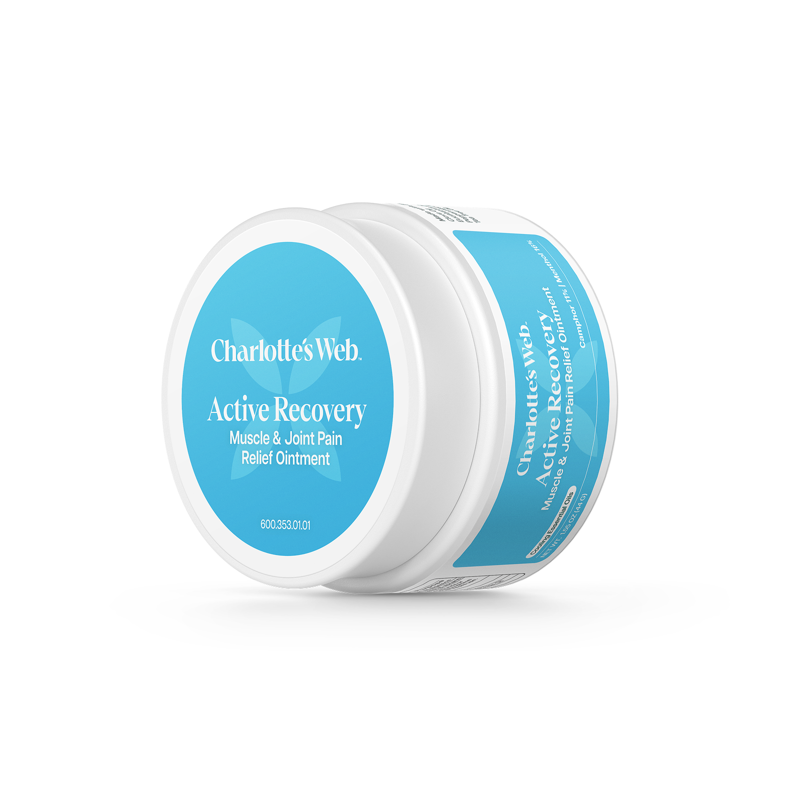 Jar of Charlotte's Web Active Recovery Ointment on a white background