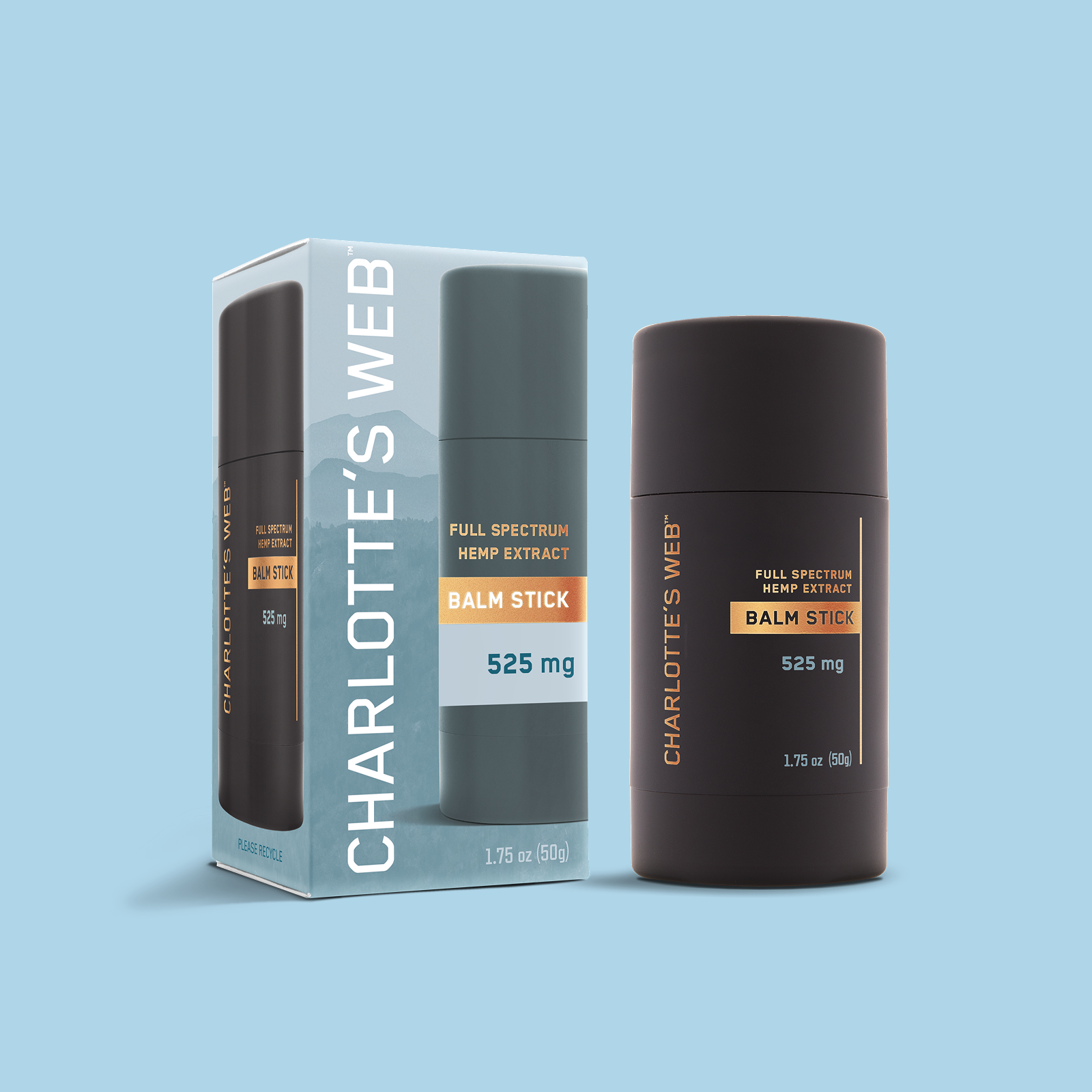 Product Image for Charlotte&#39;s Web balm stick packaging on a light blue background
