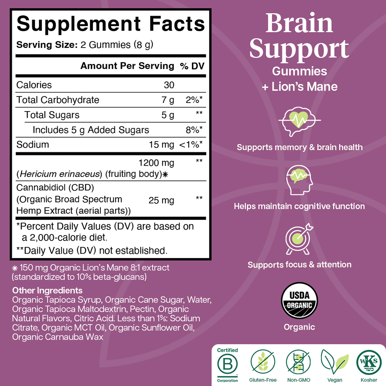 Product Image for Supplement facts label for Brain Support Gummies with Lion&#39;s Mane on a purple background