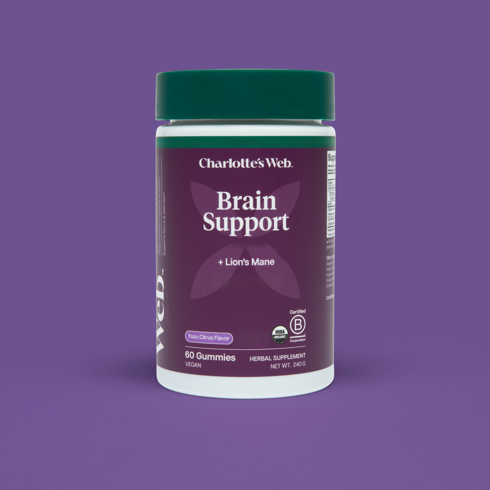 Product Image for Supplement bottle labeled &#39;Charlotte&#39;s Web Brain Support&#39; on a purple background