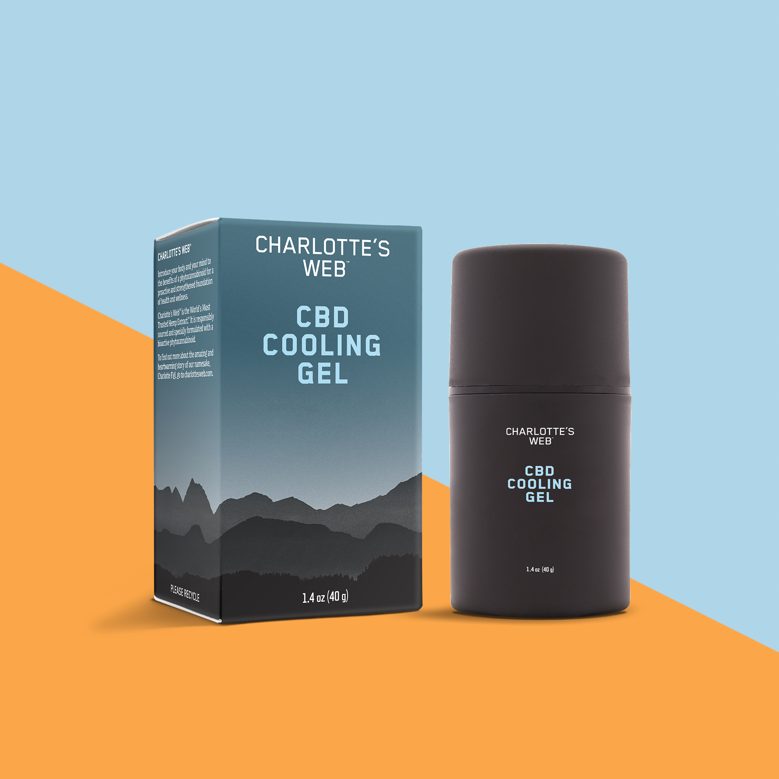 Product Image for Charlotte&#39;s Web CBD Cooling Gel packaging and container on a colorful background