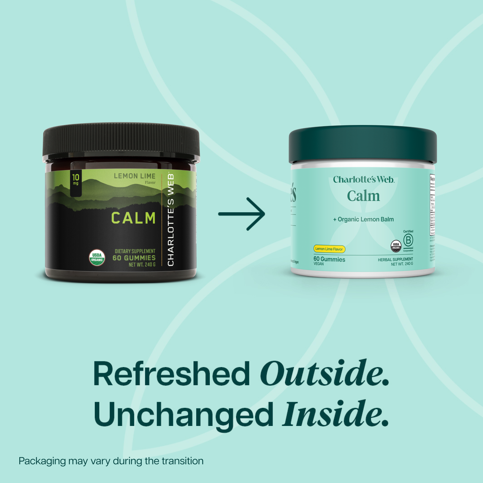Product Image for Two containers of Charlotte&#39;s Web Calm supplements on a light blue background with text &#39;Refreshed Outside. Unchanged Inside.