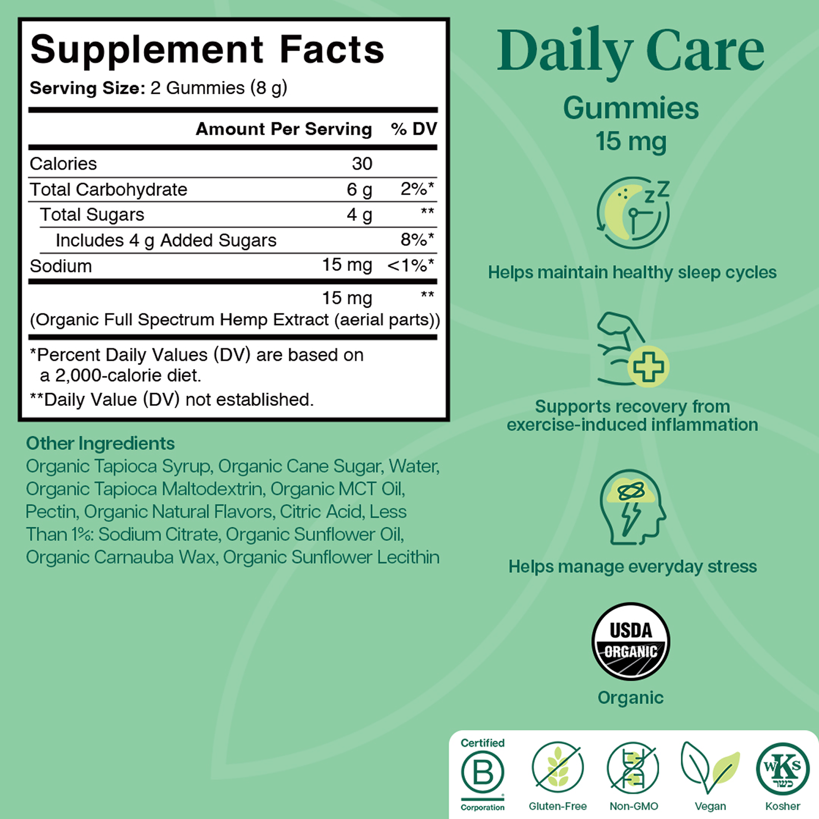 Product Image for Supplement facts label for Daily Care Gummies on a green background