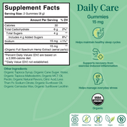 Product Image for Supplement facts label for Daily Care Gummies on a green background