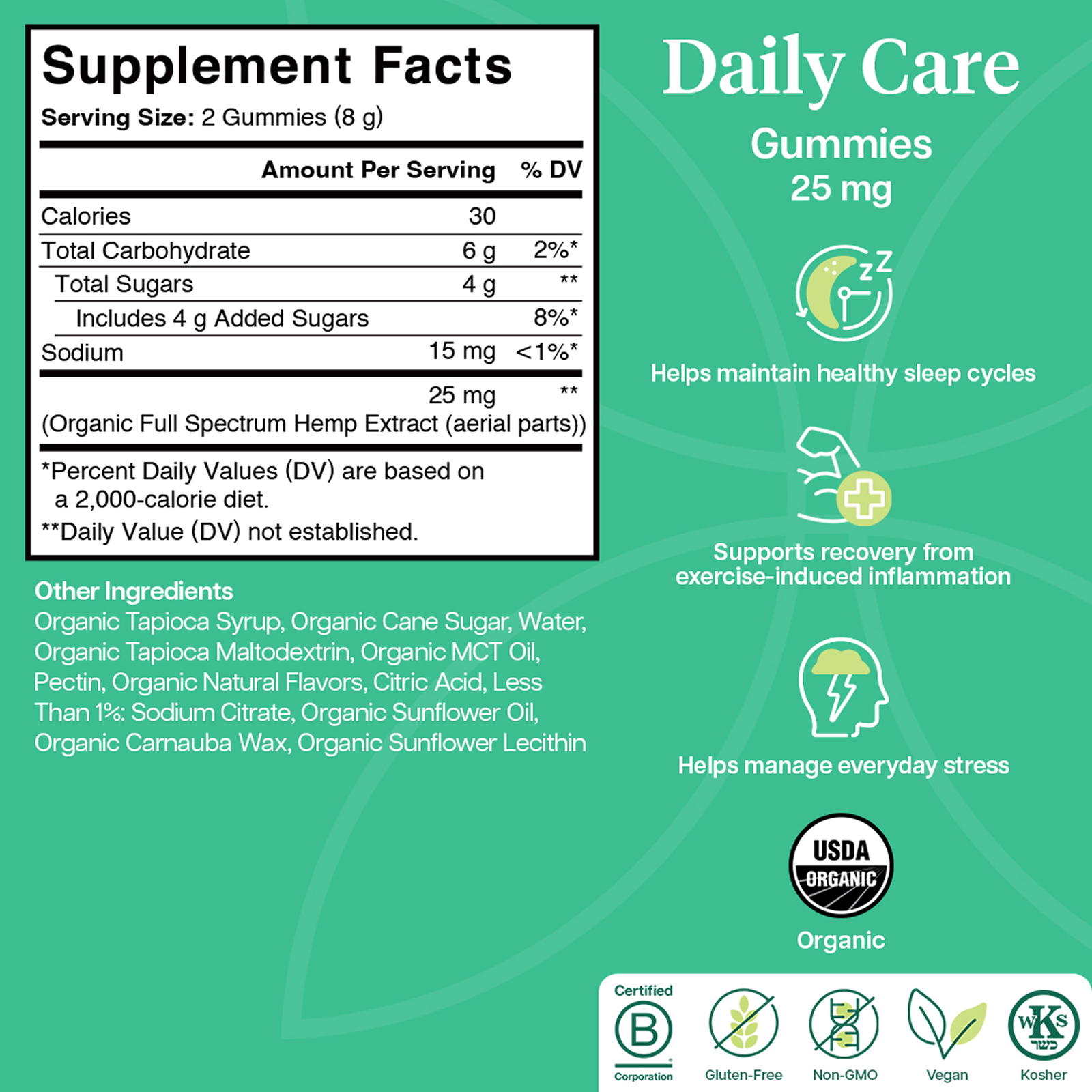 Product Image for Supplement facts label for Daily Care Gummies with green background and text.