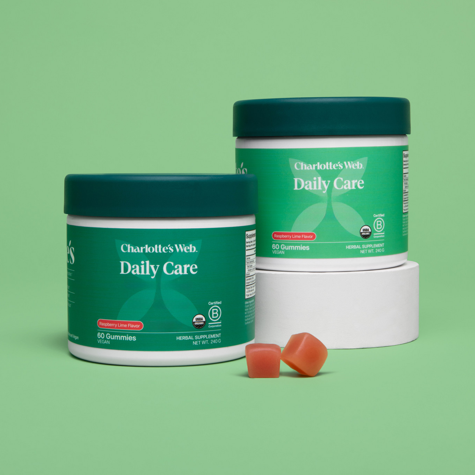 Product Image for Two containers of Charlotte&#39;s Web Daily Care gummies on a green background