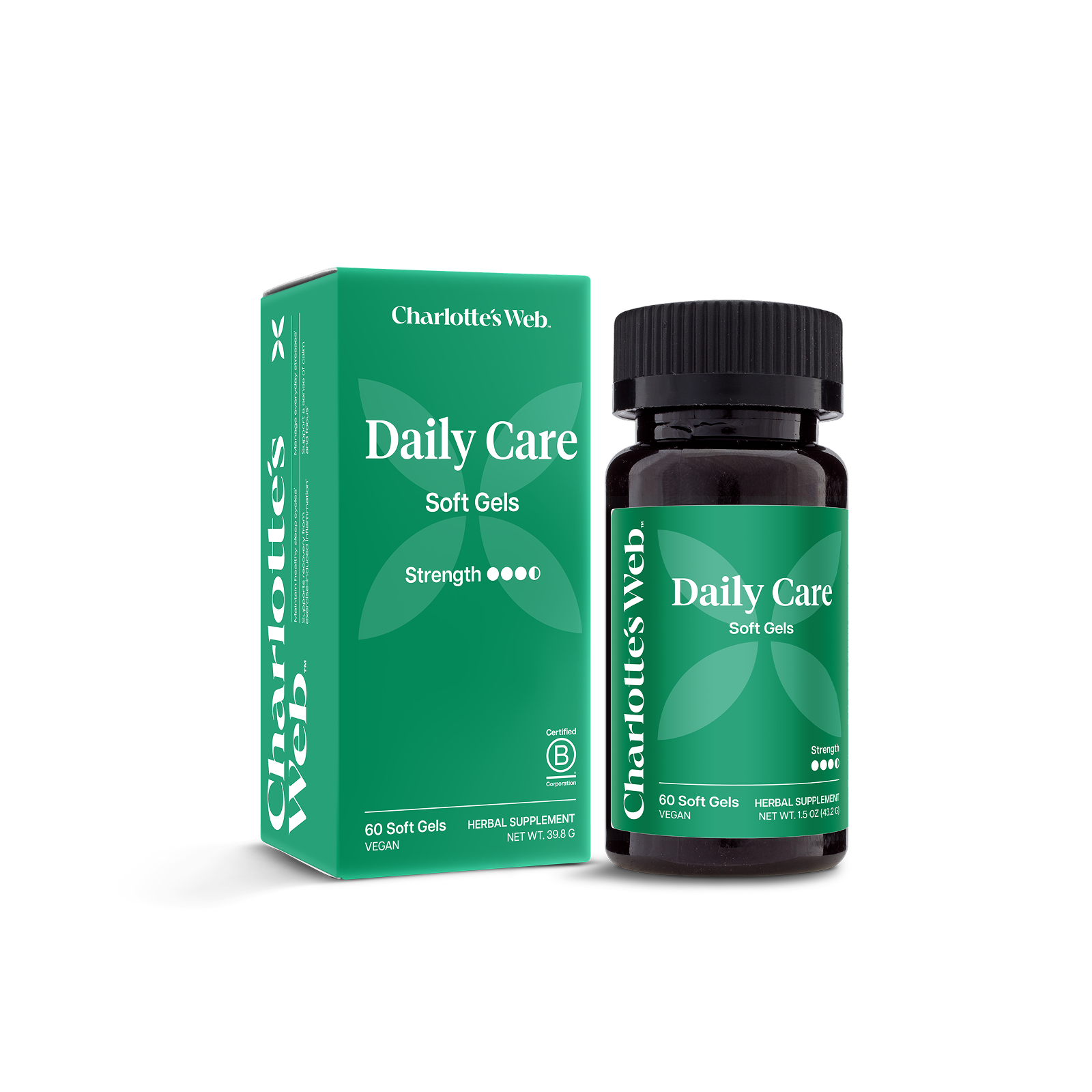 Product Image for Charlotte&#39;s Web Daily Care Soft Gels packaging and bottle on a white background