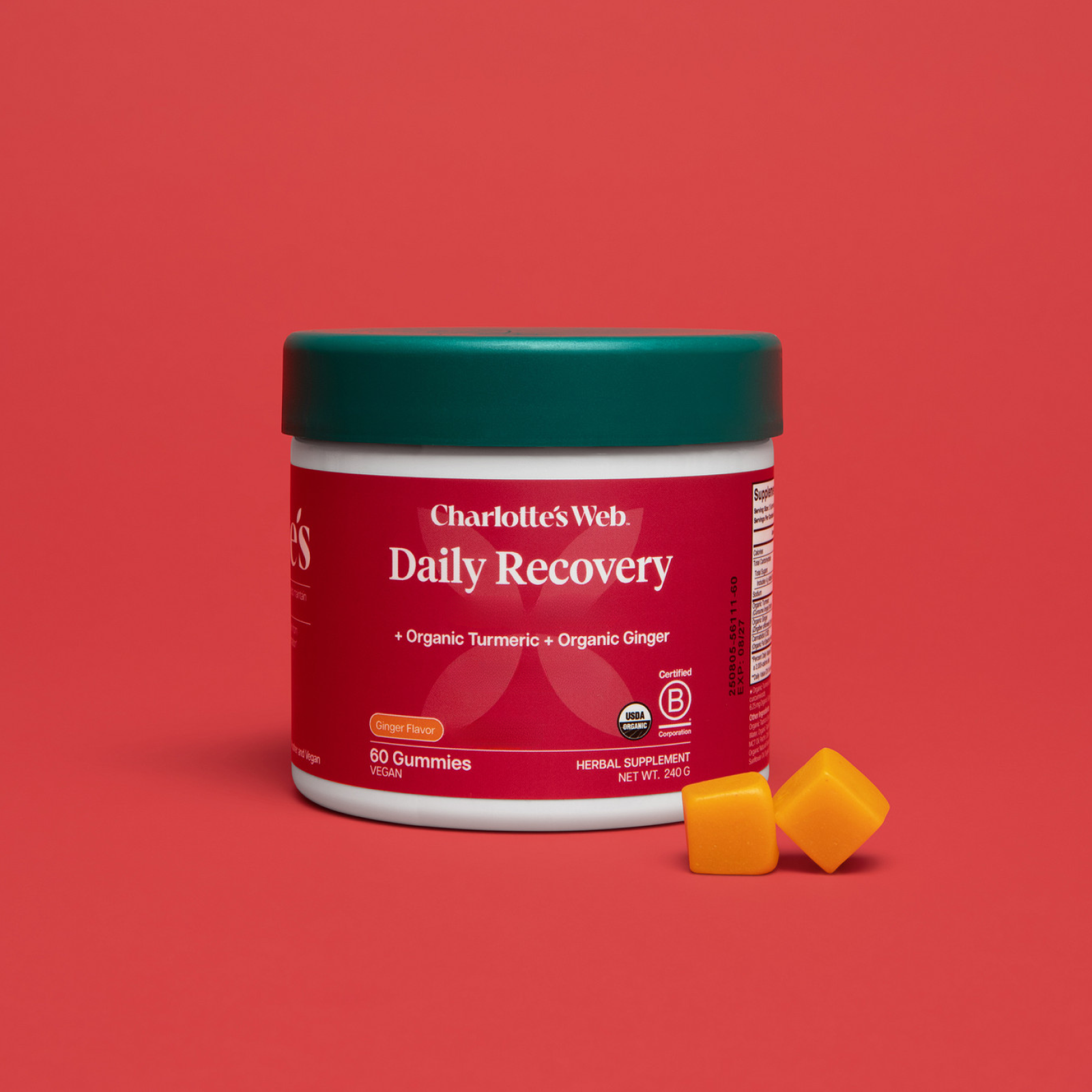 Product Image for Jar of Charlotte&#39;s Web Daily Recovery gummies on a red background