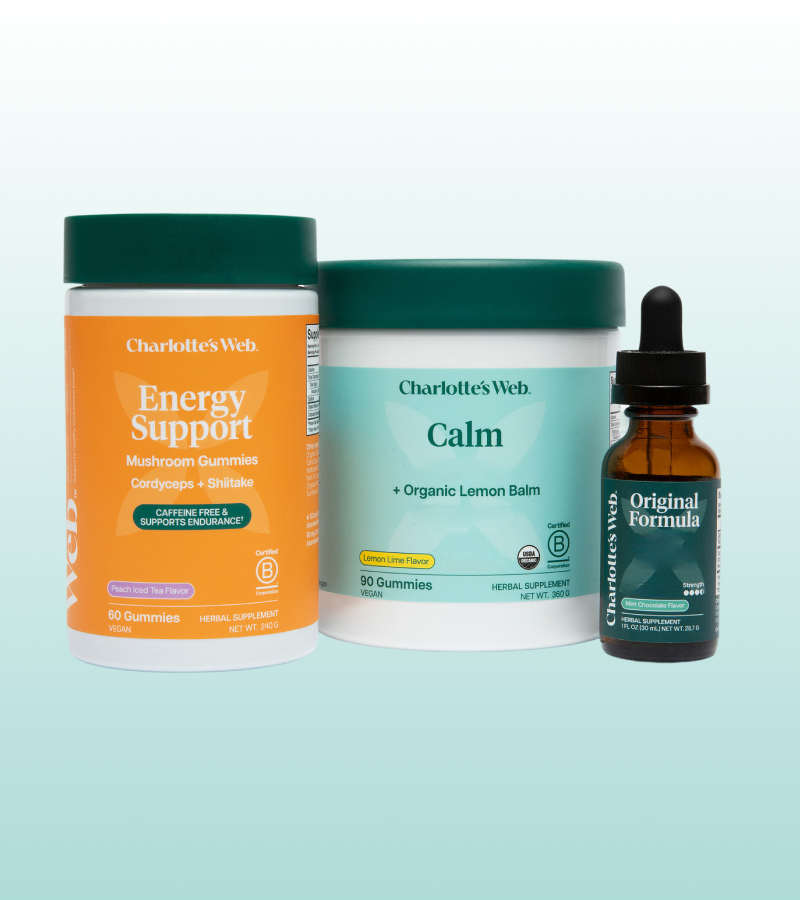 Three Charlotte's Web products on a light blue background