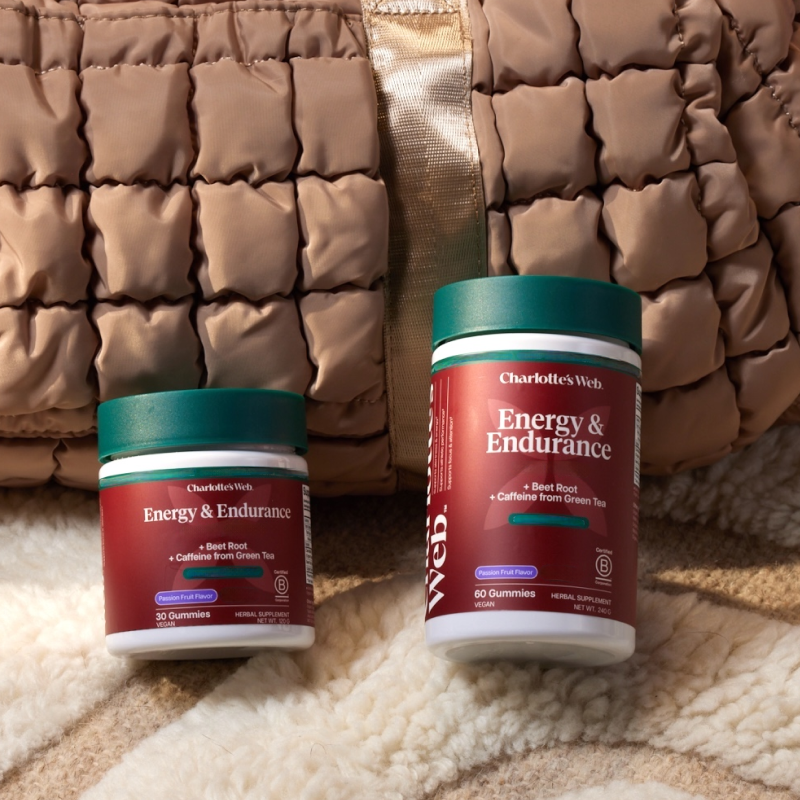 Two containers of Charlotte's Web Energy & Endurance supplement on a textured surface with a brown quilted bag in the background.