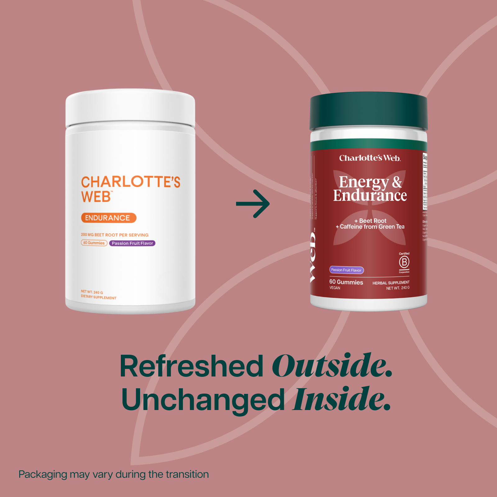 Product Image for Two supplement containers from Charlotte&#39;s Web on a pink background with text &#39;Refreshed Outside. Unchanged Inside.&#39;