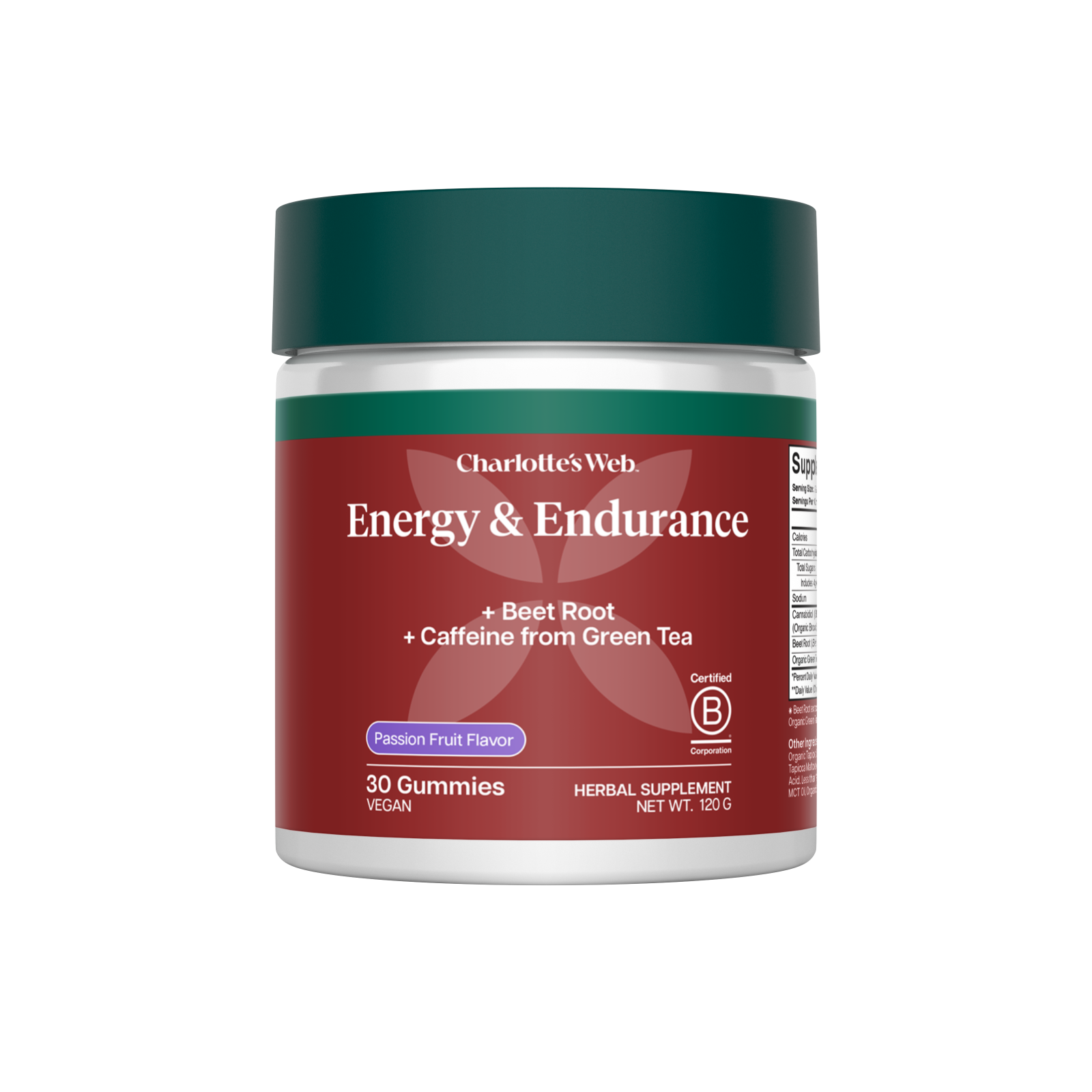Product Image for Supplement jar labeled &#39;Energy &amp; Endurance&#39; by Charlotte&#39;s Web on a white background
