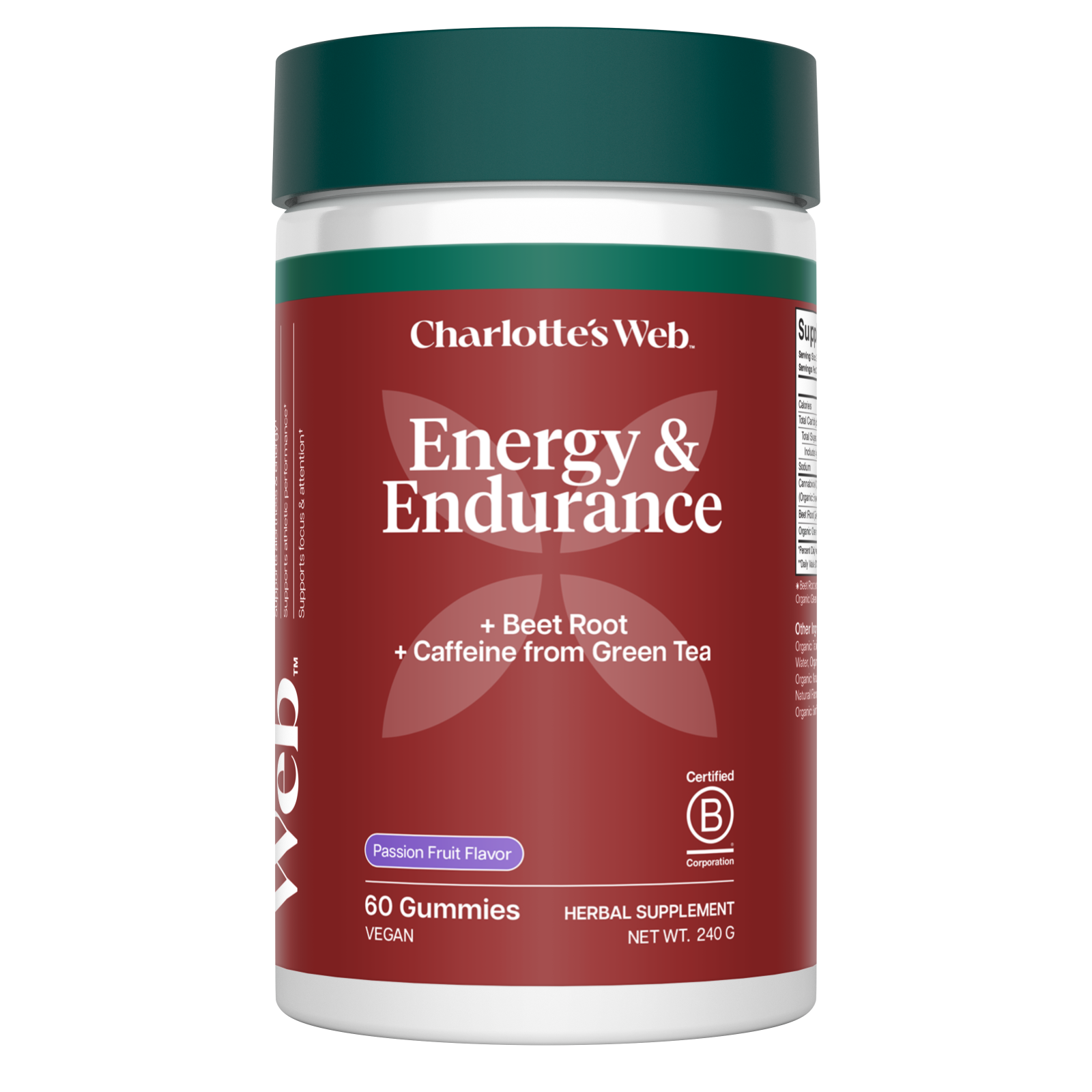 Charlotte&#39;s Web Energy &amp; Endurance supplement container on a white background