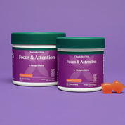 Product Image for Two containers of Charlotte&#39;s Web Focus &amp; Attention gummies on a purple background