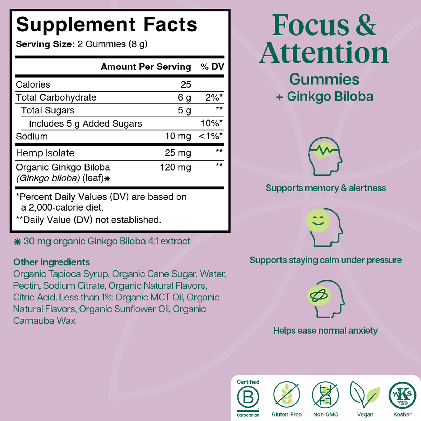 Product Image for Supplement facts label for Focus &amp; Attention Gummies with Ginkgo Biloba on a purple background