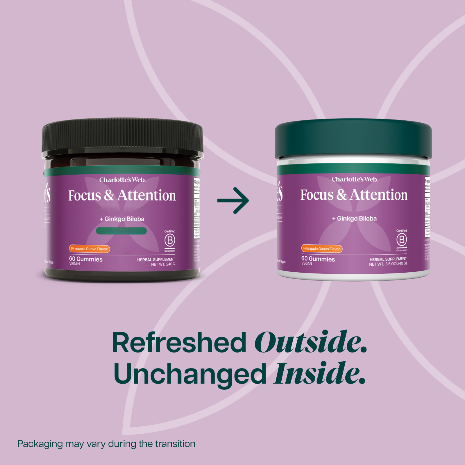 Product Image for Two containers of Charlotte&#39;s Web Focus &amp; Attention supplement on a purple background with text about packaging changes.